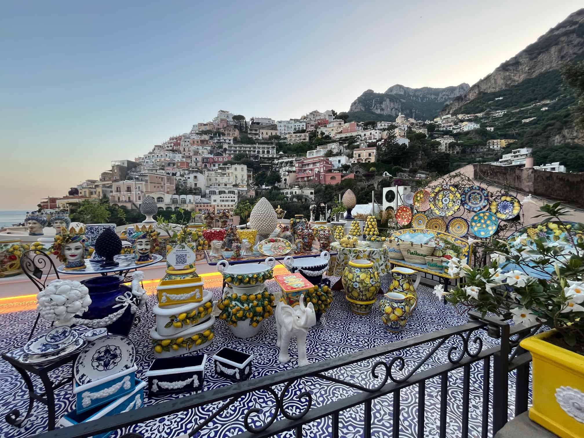 terrace in Positano decorated with colourful local ceramics and pottery
