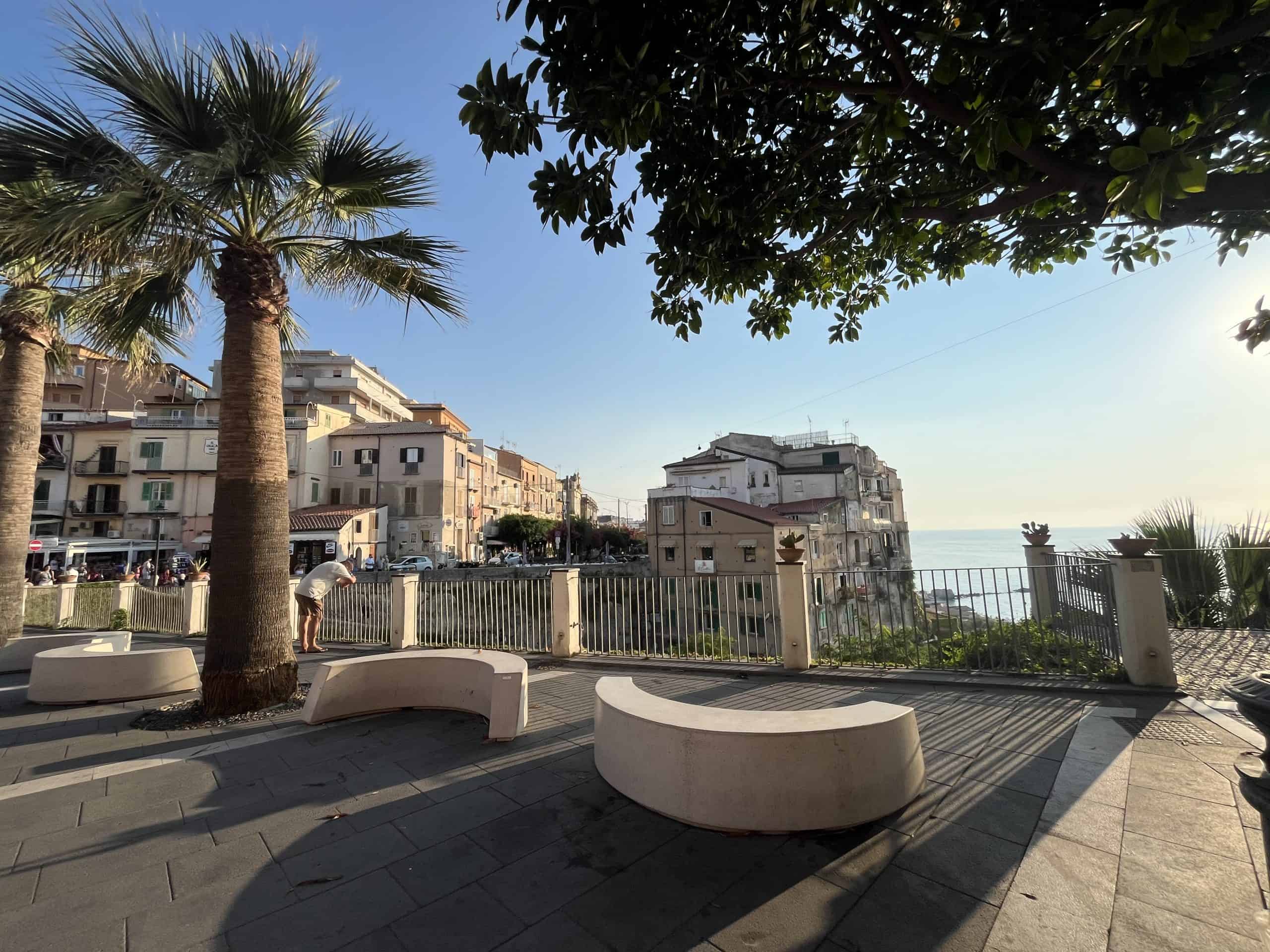 An Italian piazza with palm trees, benches and buildings in the background