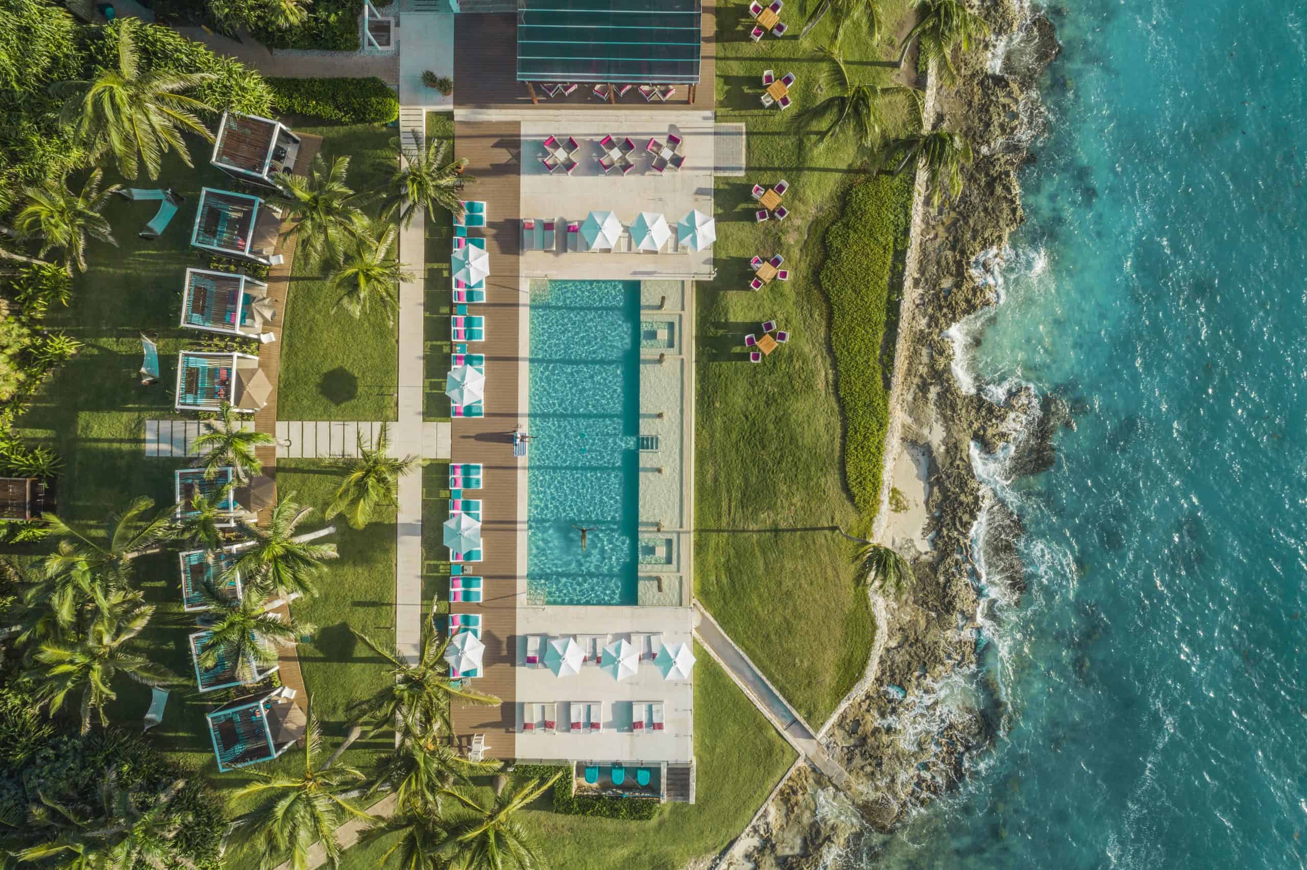 Aerial view of infinity pool overlooking the ocean