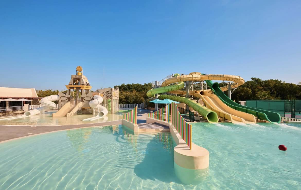 Water park with water slides and splash pad