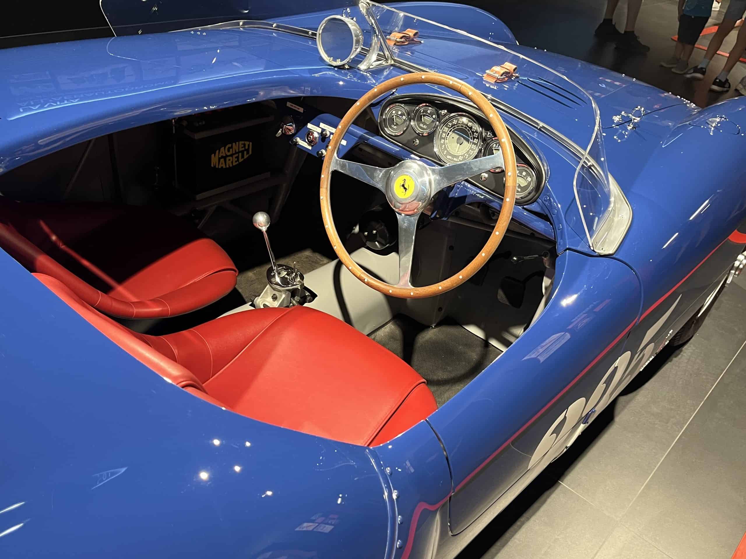 Inside a classic blue Ferrari