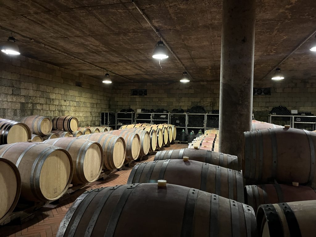 The image features a cozy wine cellar with wooden barrels and wine bottles stored for aging, perfect for wine enthusiasts and travelers.