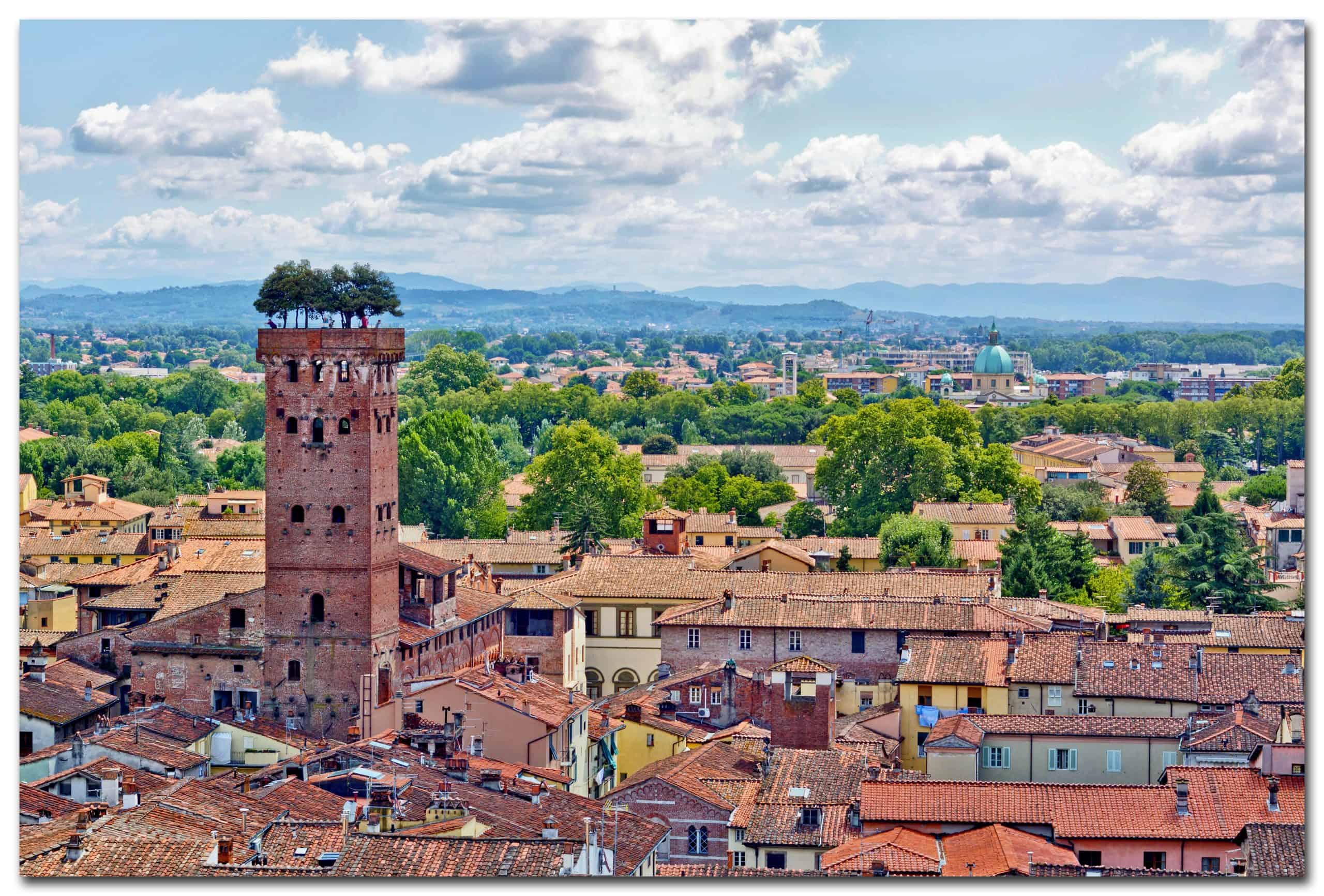 View of terra cotta rooftops and tower in Lucca