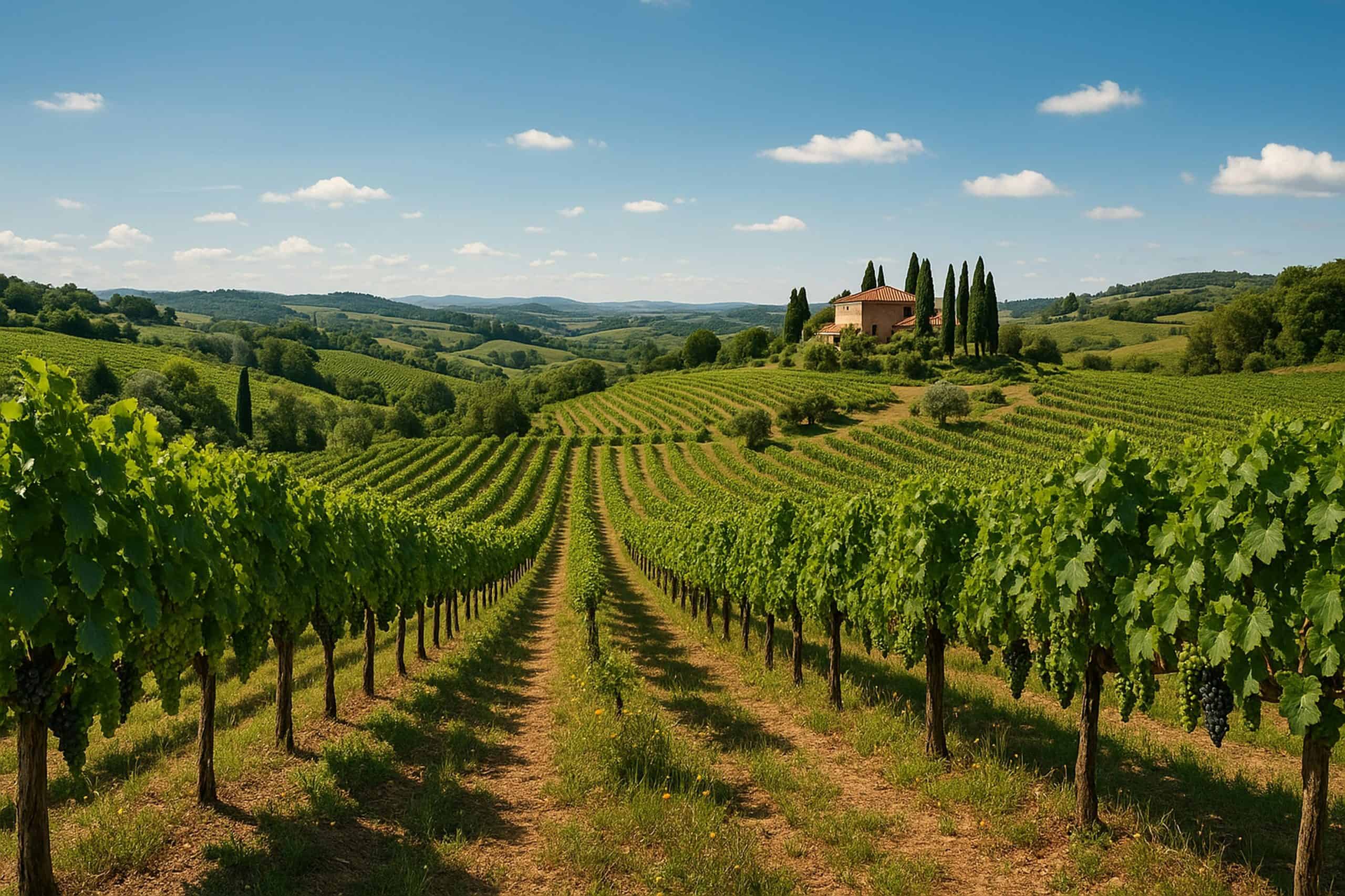 Scenic vineyard view in Tuscany, featuring lush grapevines, rolling hills, and a charming house surrounded by cypress trees.