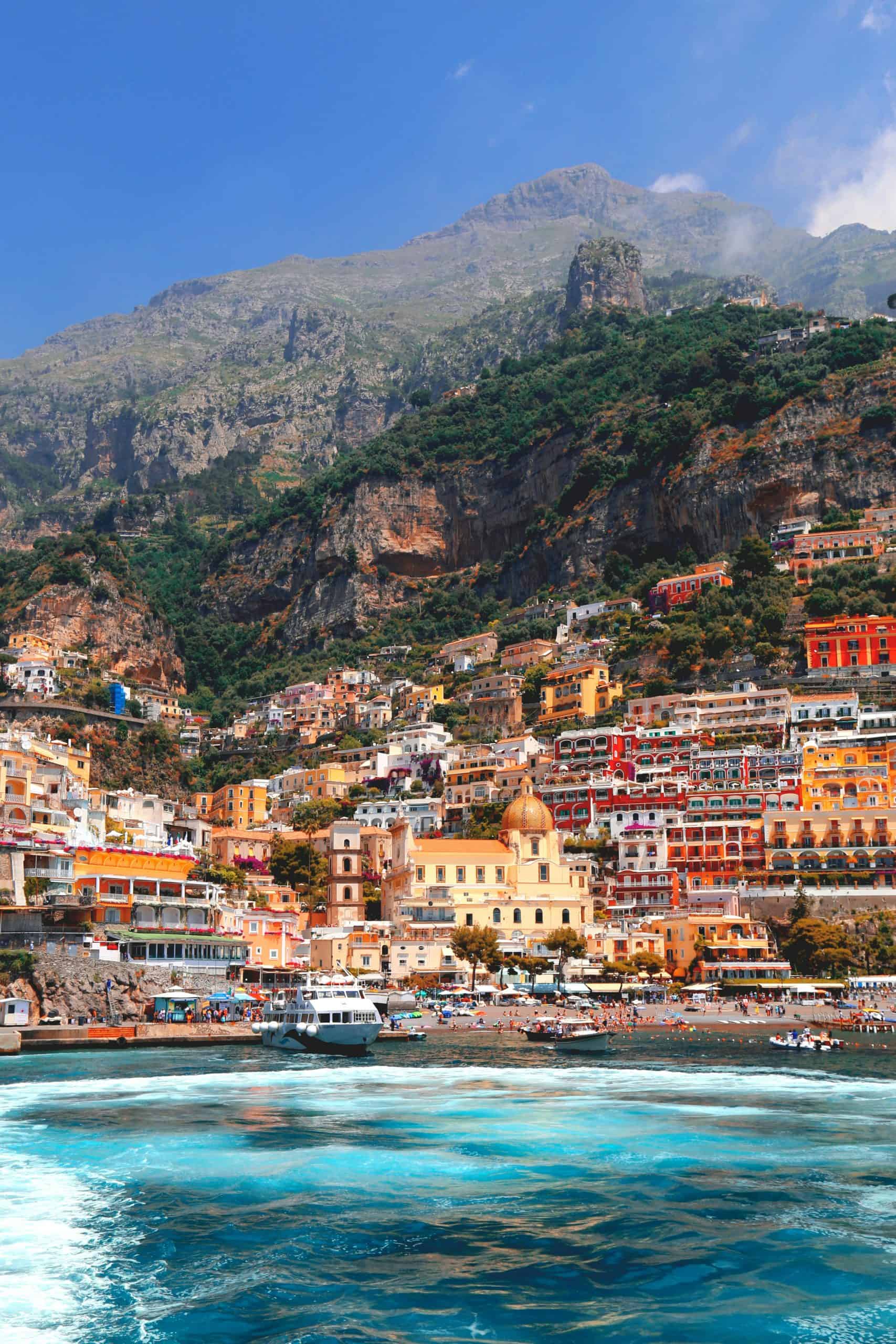 View of Positano's colorful buildings from the sea