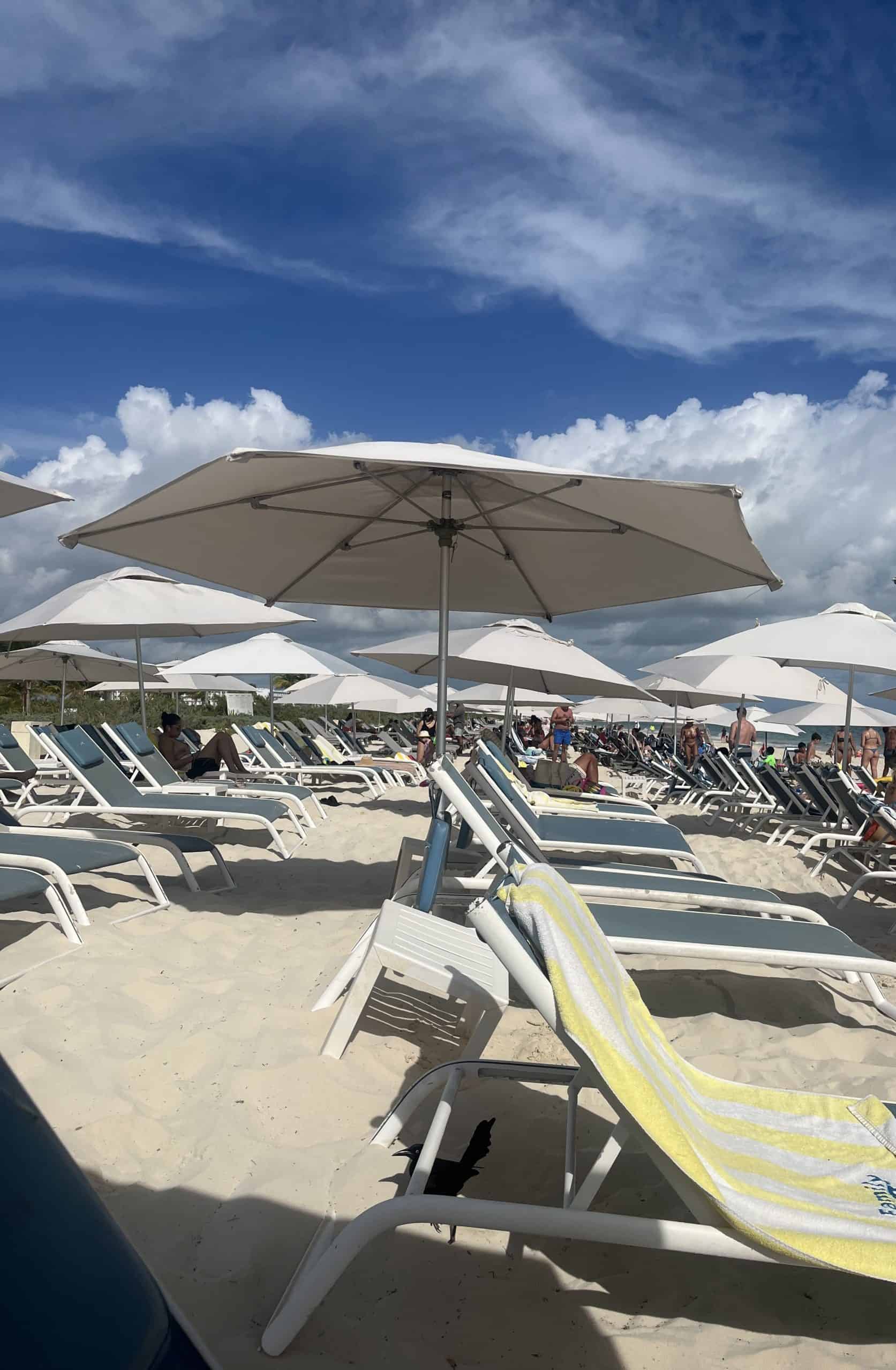 Rows of lounger chairs and umbrellas on a beach