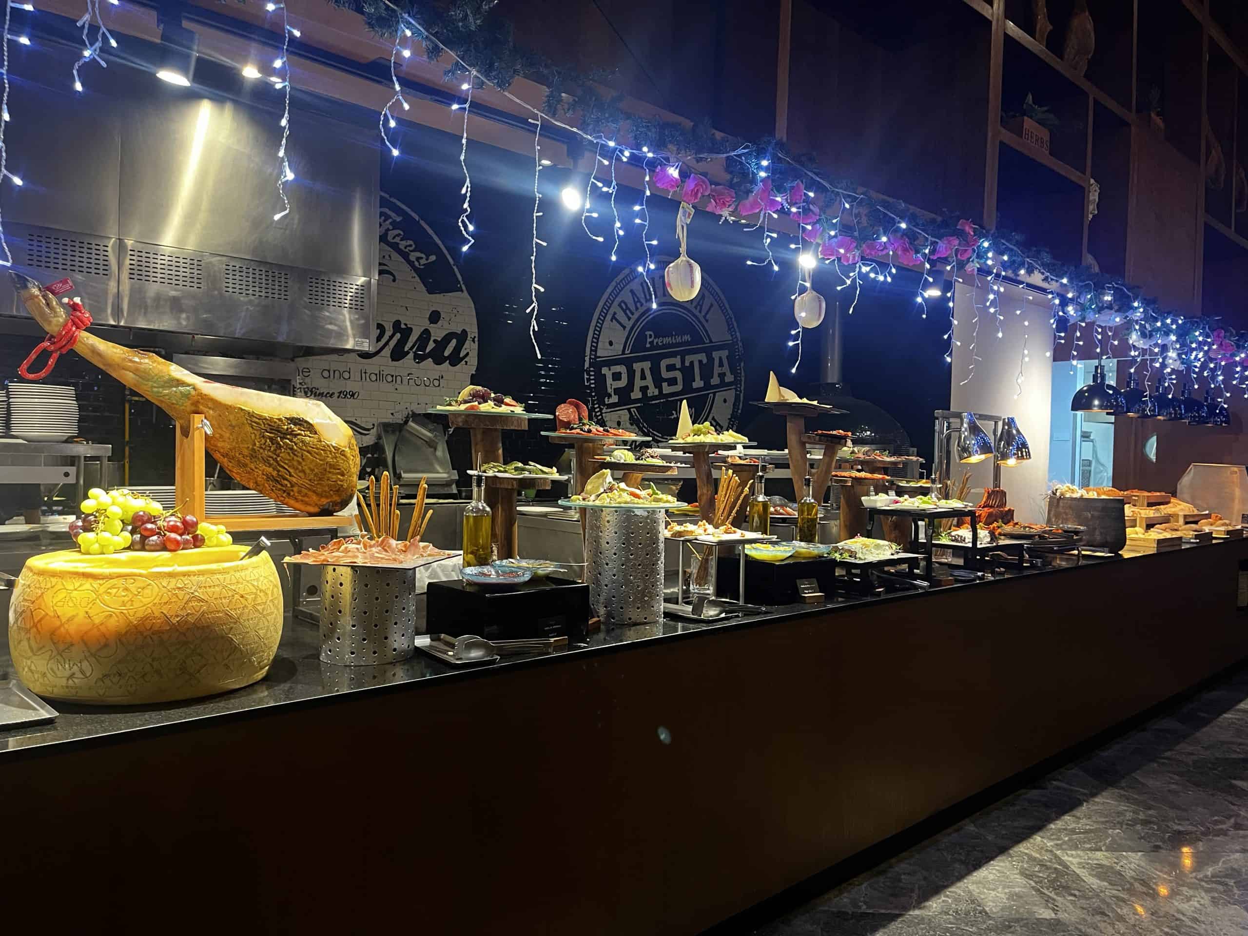 Restaurant buffet of cheese and salads