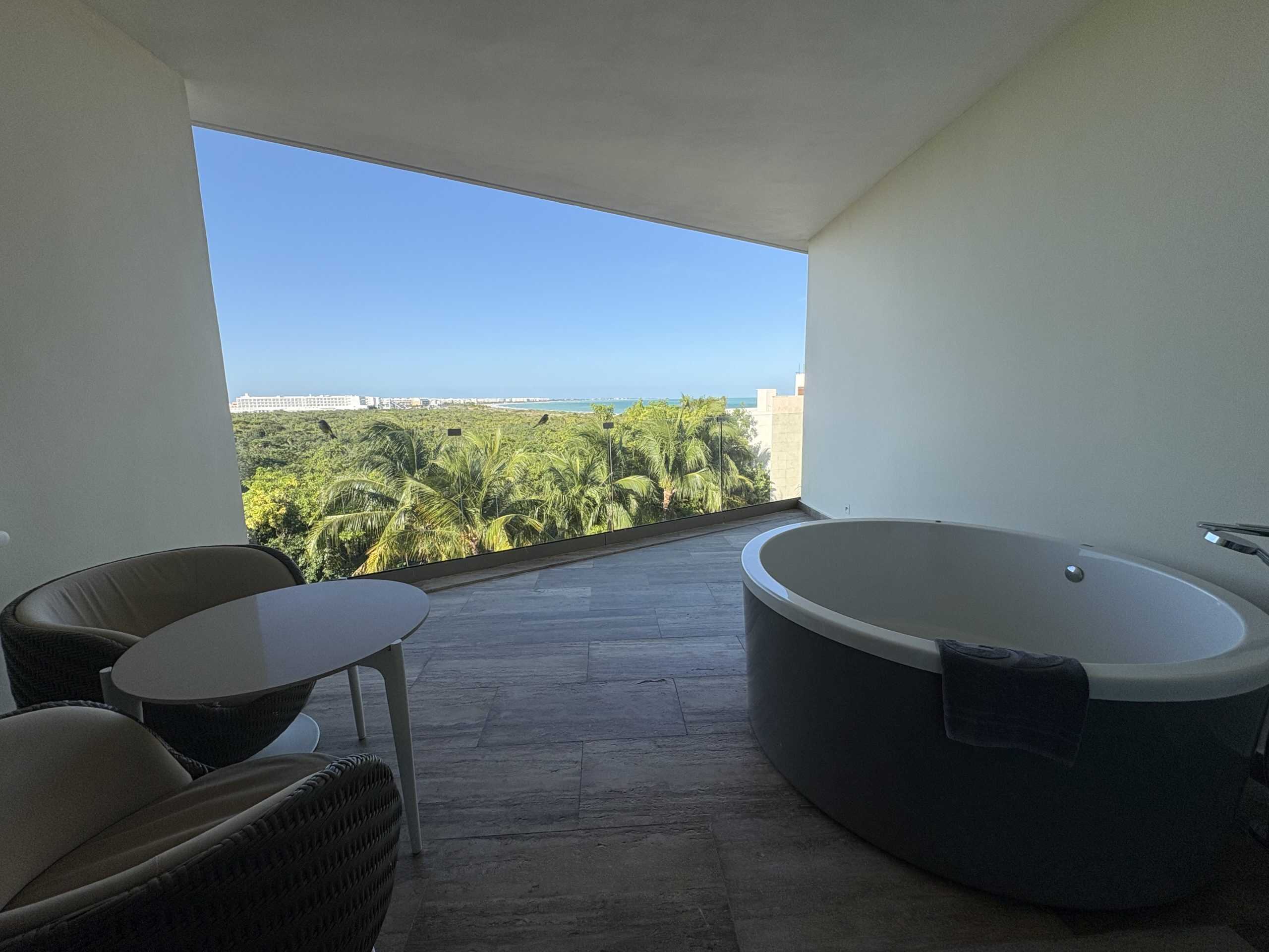 Outdoor terrace with jacuzzi and table, overlooking palm trees and the ocean