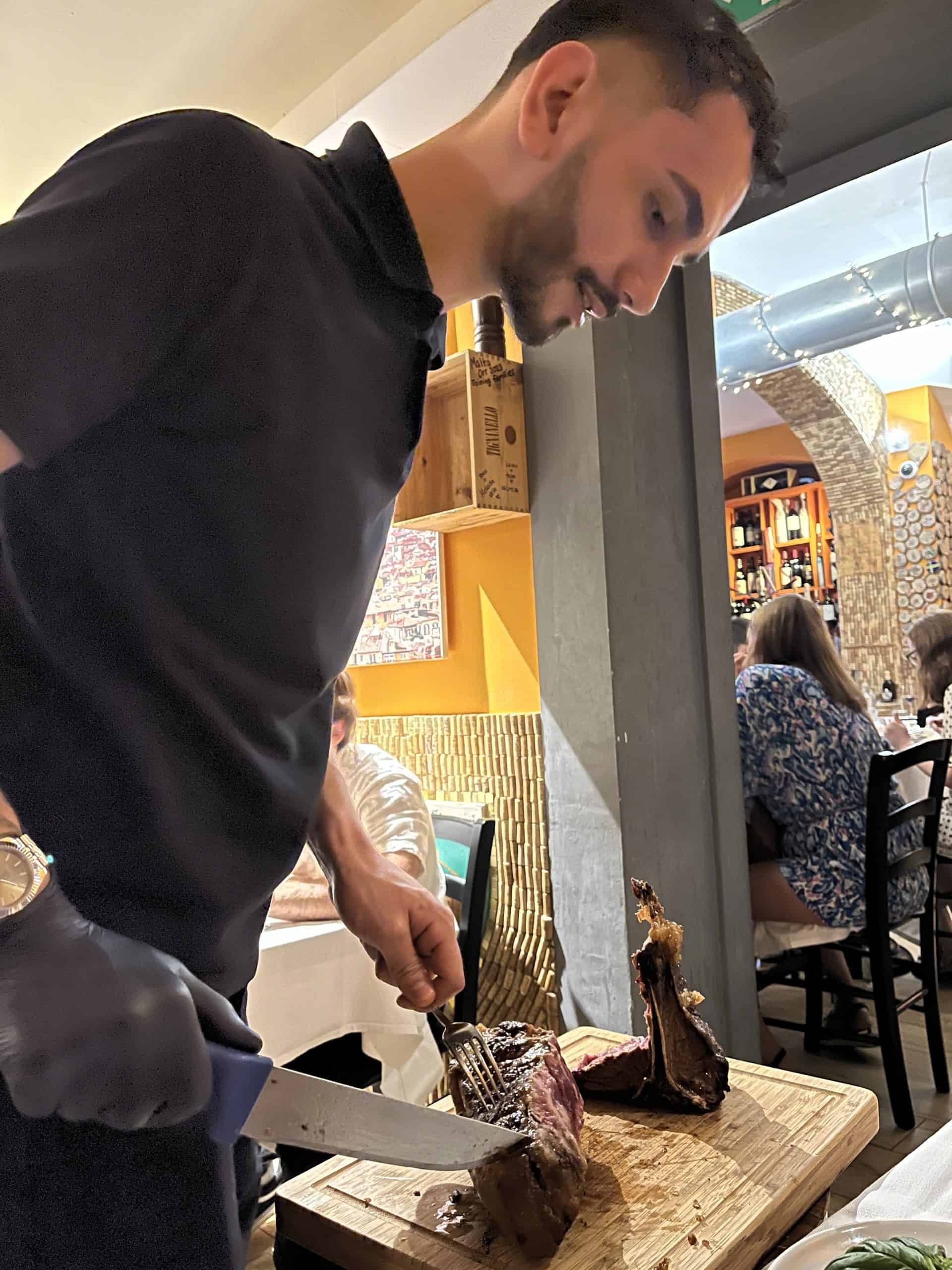 Florentine Beef being sliced in a restaurant