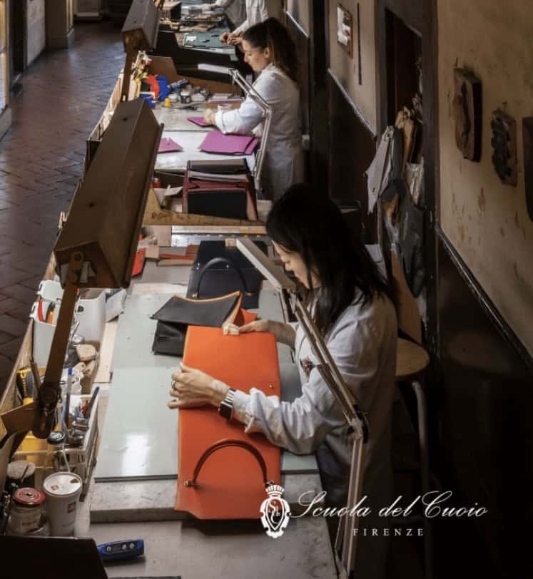 leather bag being made in a workshop