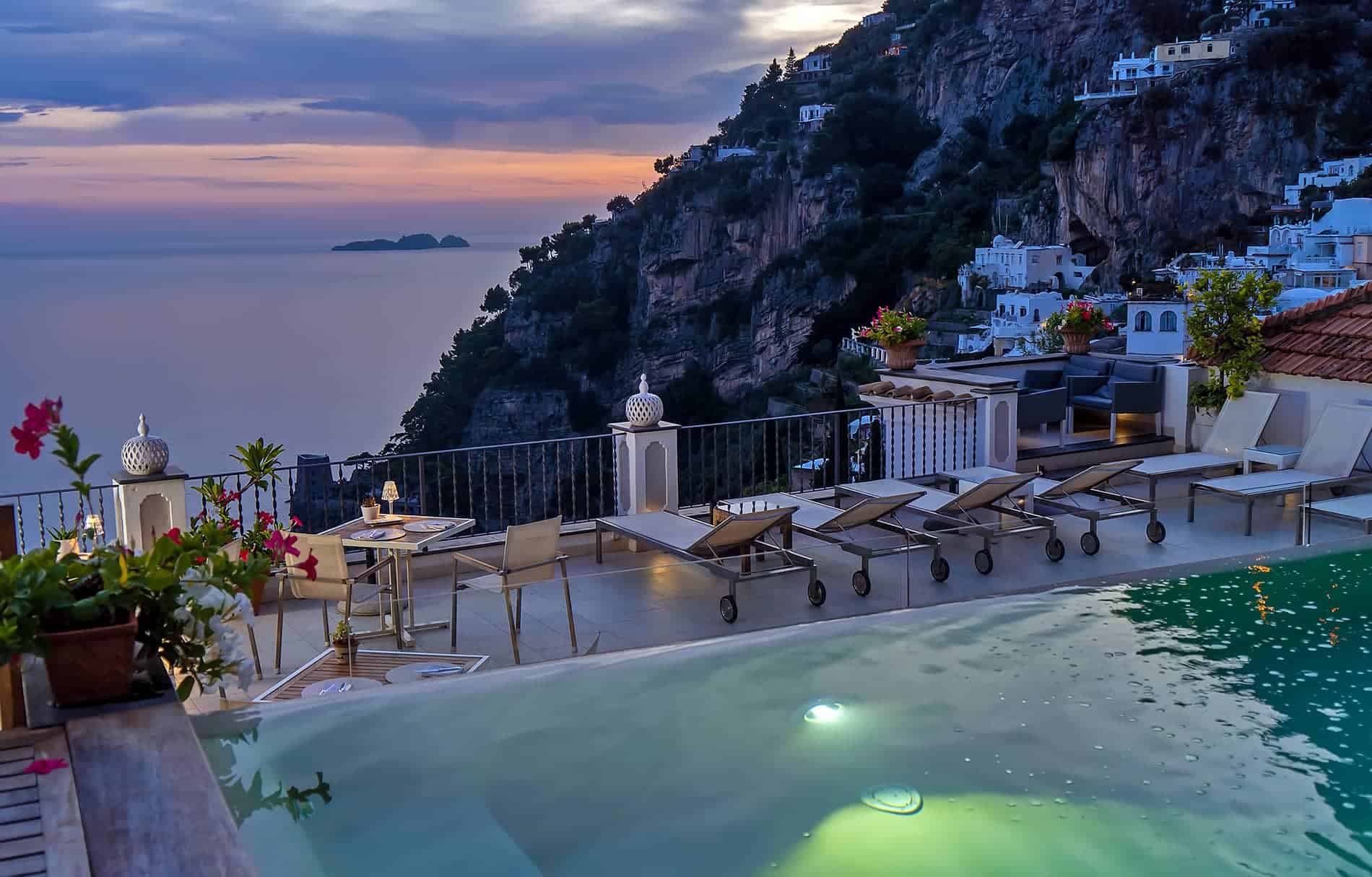 Rooftop hotel pool and terrace overlooking Positano