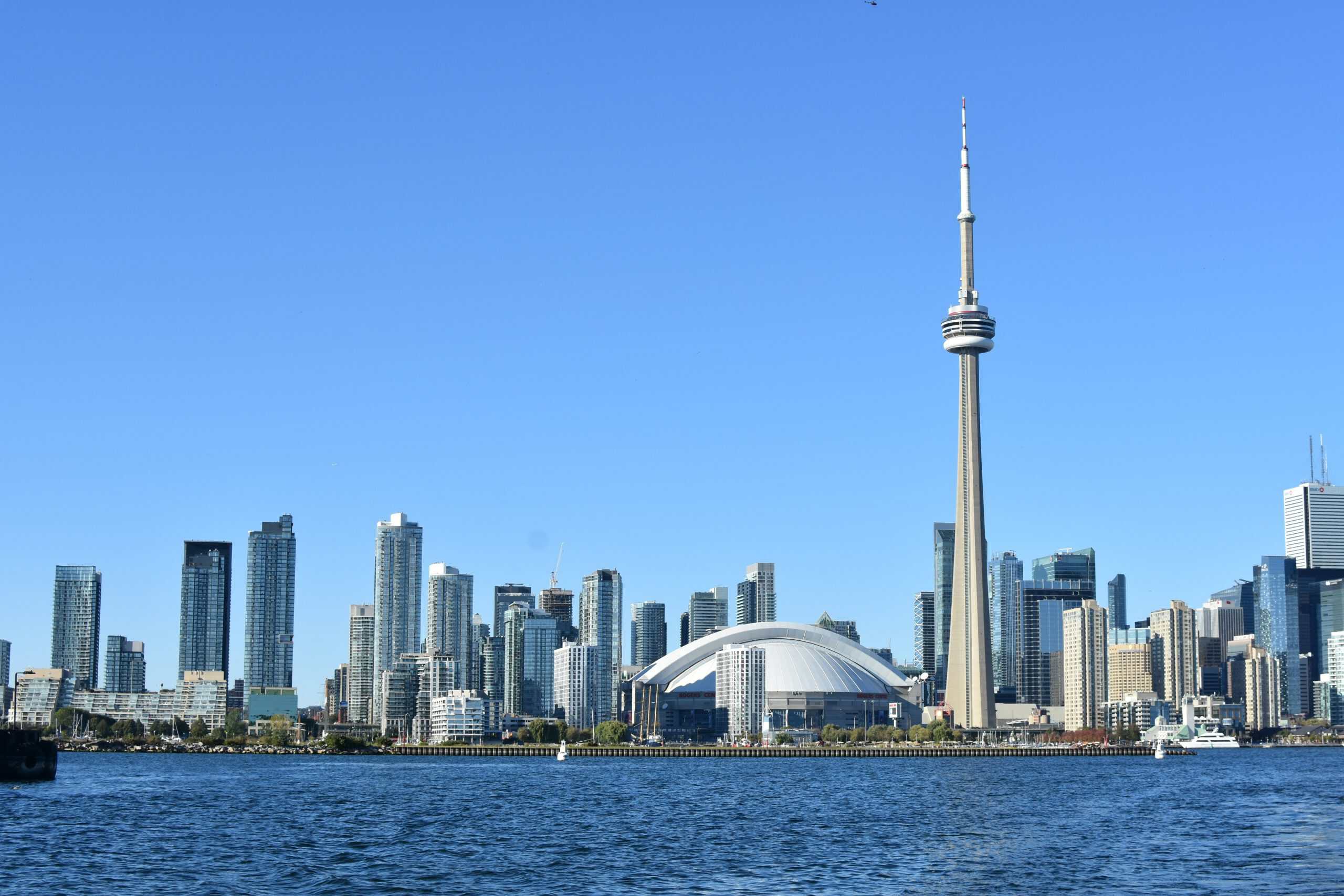 Toronto waterfront skyline with CN Tower and tall office towers