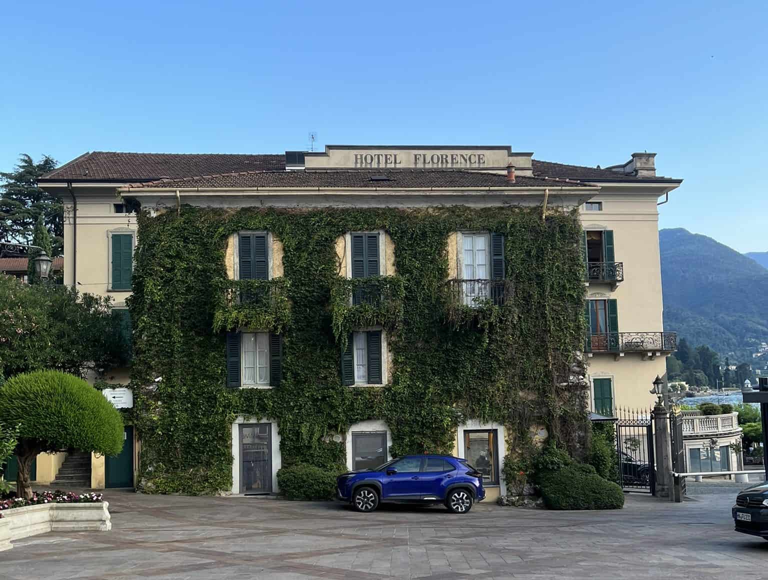 Outside of Hotel Florence in Bellagio covered in vines