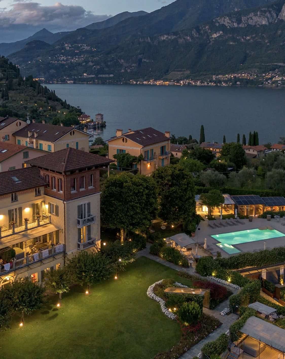 Hotel buildings to the lake and mountains
